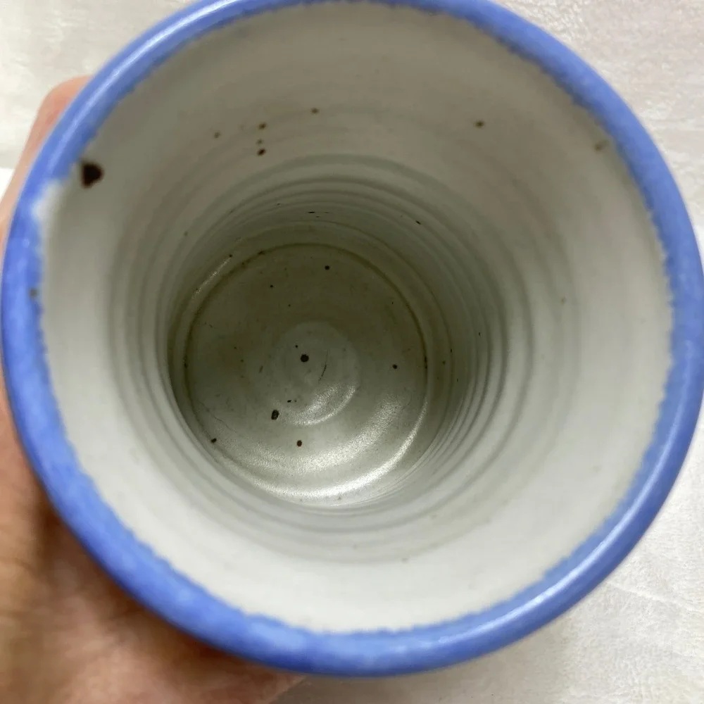 VTG Studio‎ Pottery Speckled Stoneware Vase Blue Floral Signed Makeup Brushes